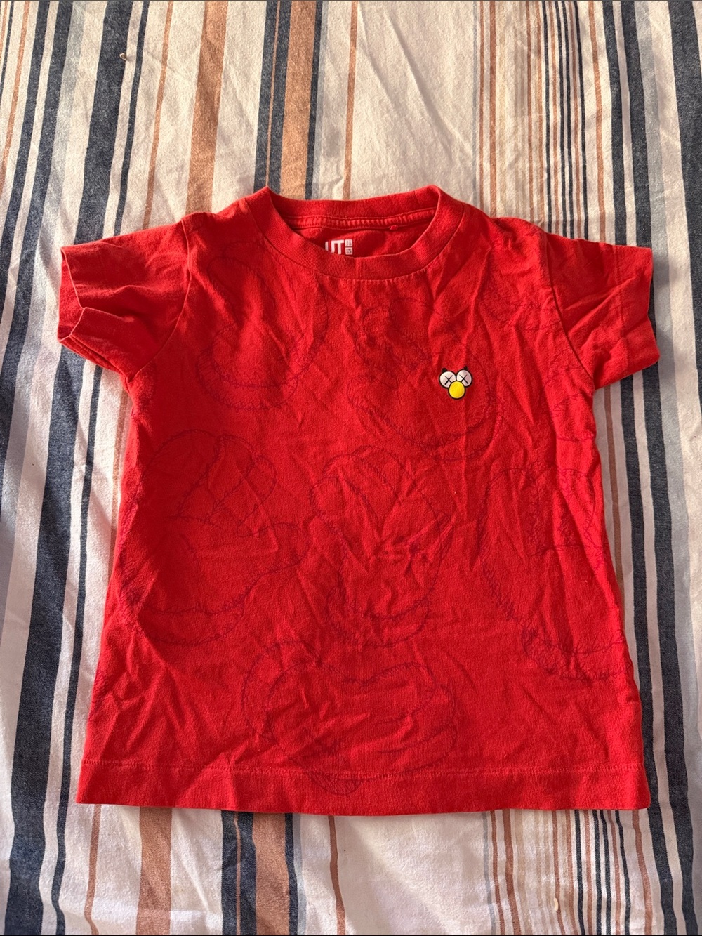 KAWS Kids Red Short Sleeve Tee with Small Multicolor Chest Patch